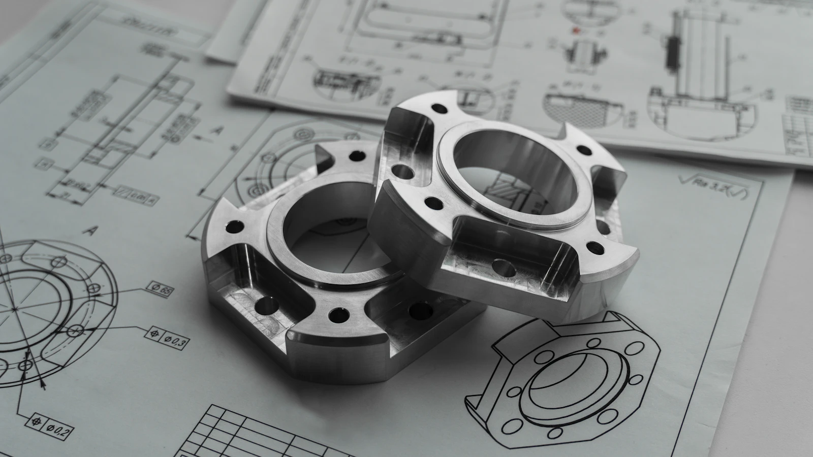 Machined steel parts sitting on dimensioned engineering drawings